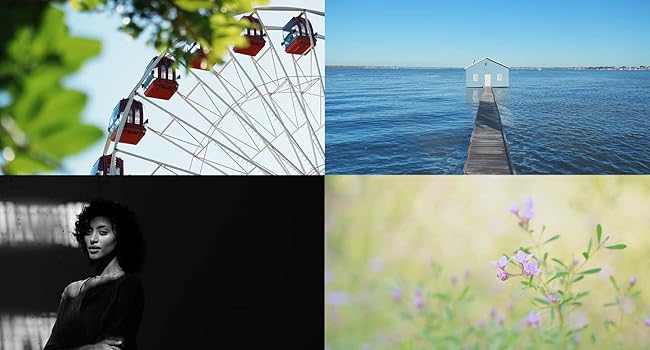 a collage of 4 images showing the different creative looks, ferris wheel, woman, flowers, a dock.