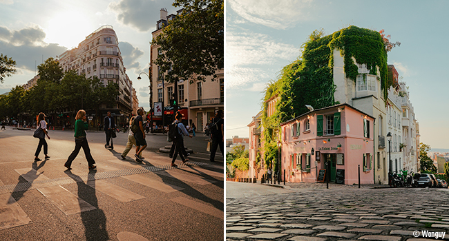 two urban street shots taken at golden hour: people in a crosswalk, a building covered in vines