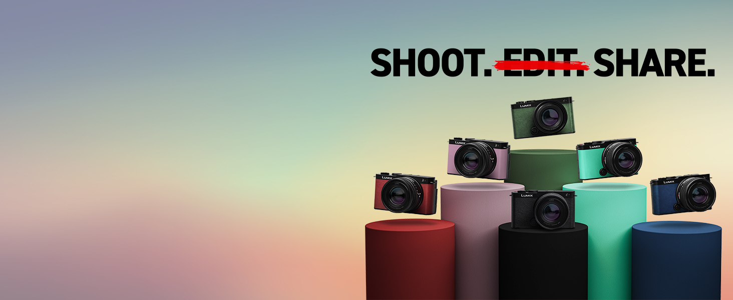 tilted Lumix s9 camera in green, blue, red, black. Shoot. Edit. Share.